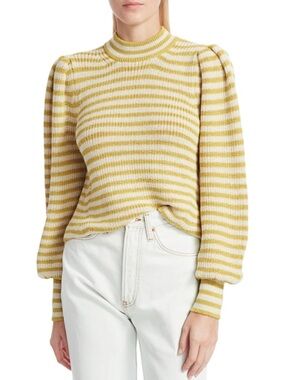 Eleven Six Alpaca Mia Striped Sweater Size M Puff-Sleeve Knit Yellow Cream Chic